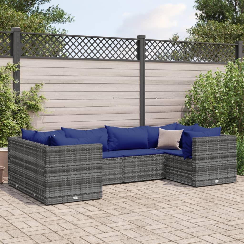 Loungesæt til haven i polyrattan - 6 dele med mørkeblå hynder, grå