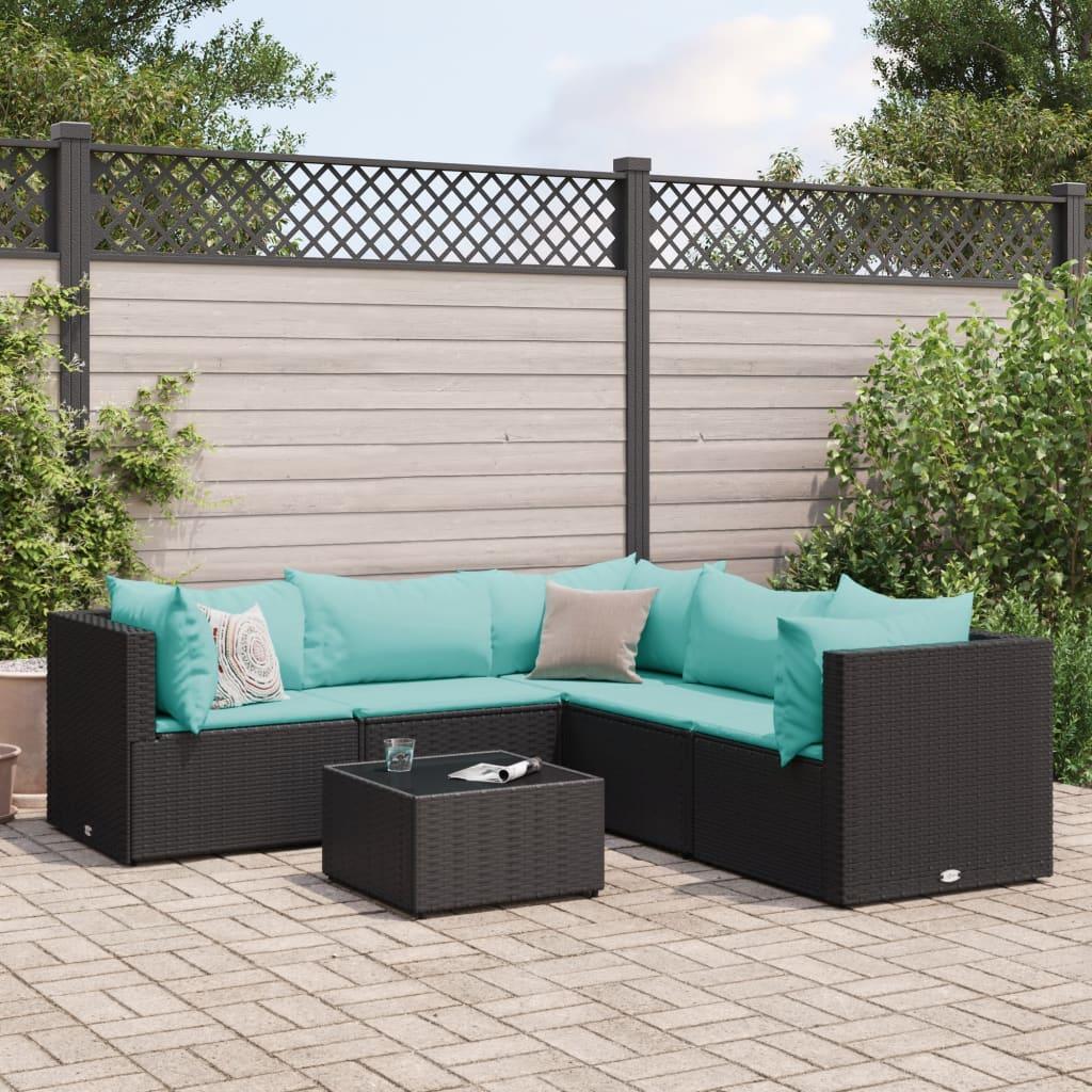 Loungesæt til haven - 6 dele i sort polyrattan med aquablå hynder