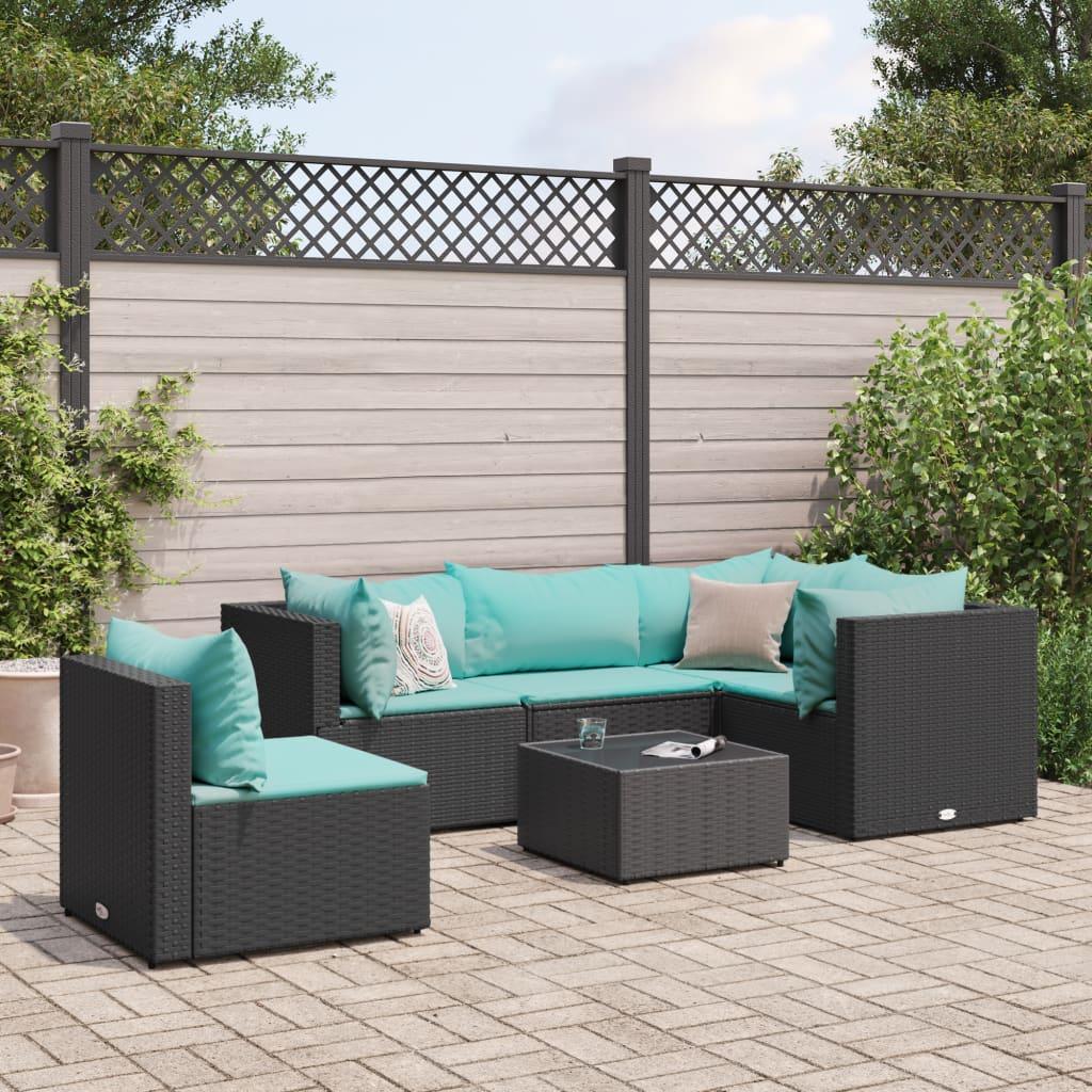 Loungesæt til haven - 6 dele i sort polyrattan med aquablå hynder