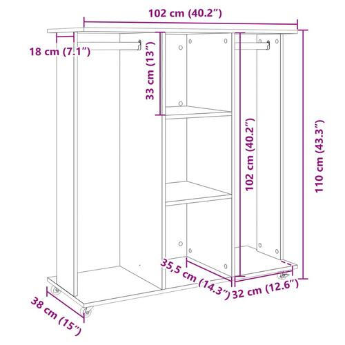 Klædeskab med hjul 102x38x110 cm konstrueret træ hvid