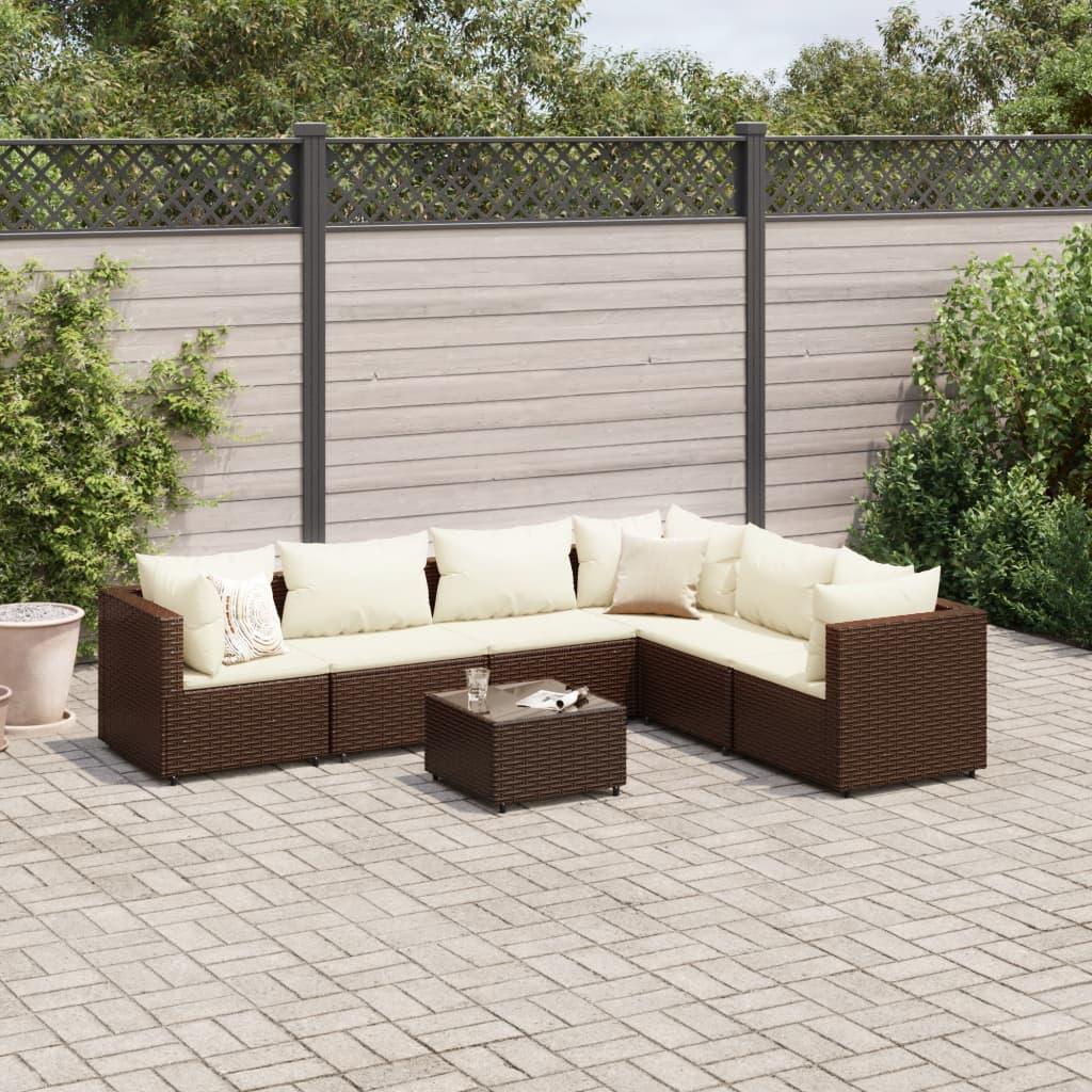 Loungesæt Til Haven 6 Dele Med Hynder Polyrattan Brun - Brun og cremefarvet / 3x hjørnedel 3x midterdel bord