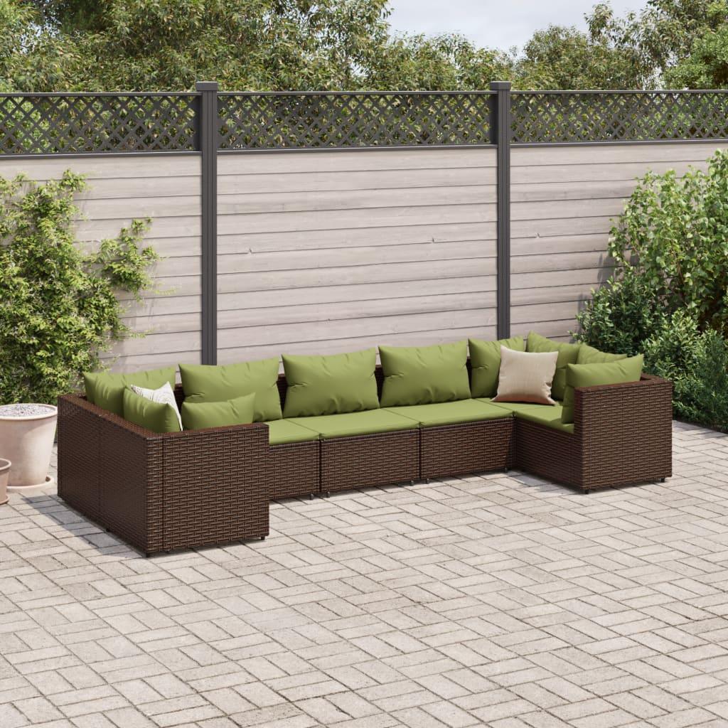 Loungesæt til haven 7 dele med hynder i polyrattan brun/grøn