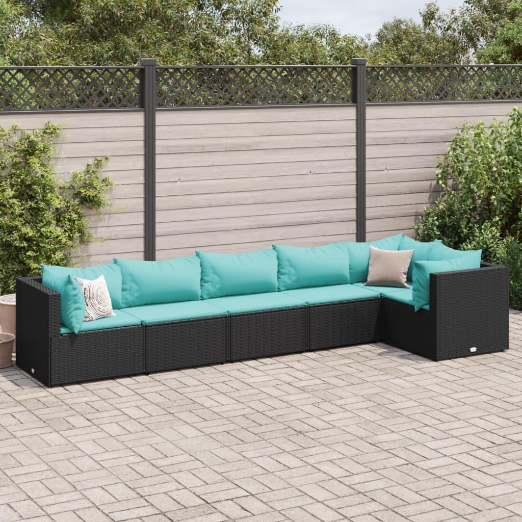 Loungesæt til haven - 6 dele i sort polyrattan med aquablå hynder