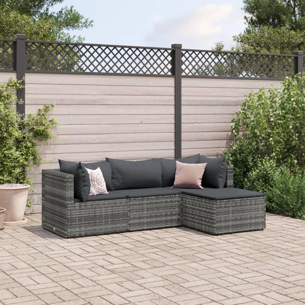 Loungesæt Til Haven 4 Dele Med Hynder Polyrattan - 4 / Grå