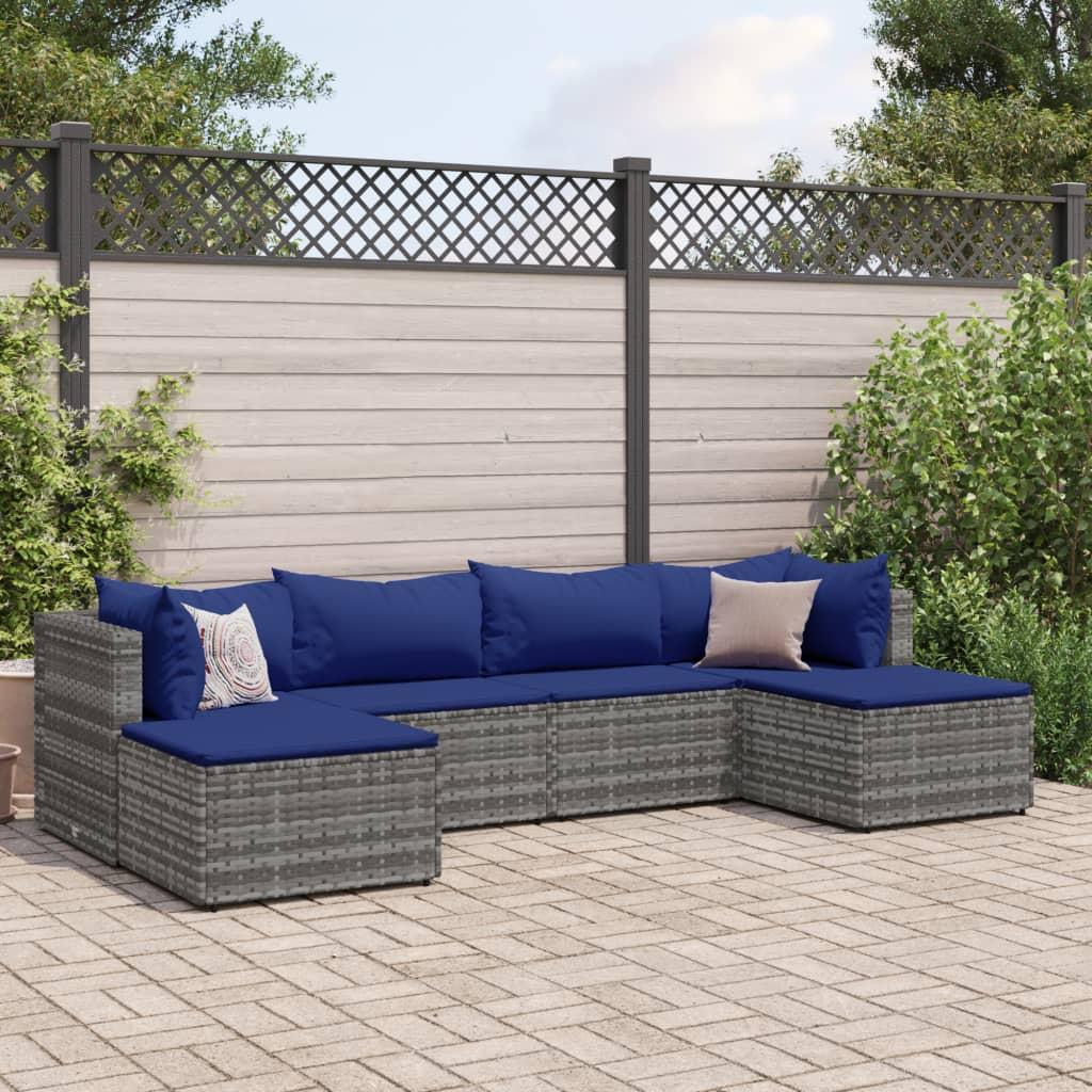 Loungesæt til haven 6 dele med hynder i polyrattan - grå/mørkeblå