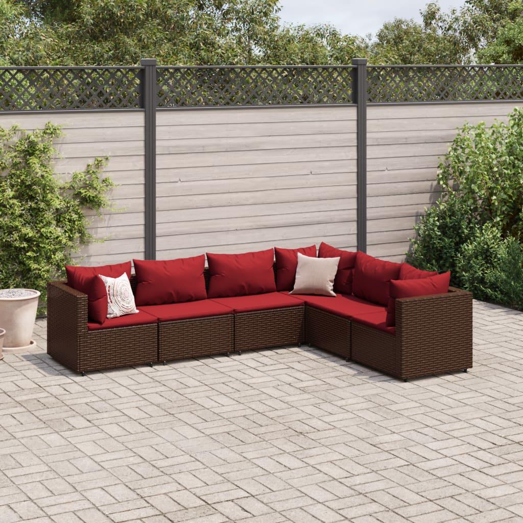 Loungesæt Til Haven 6 Dele Med Hynder Polyrattan Brun - Brun og rød / 3x hjørnedel 3x midterdel