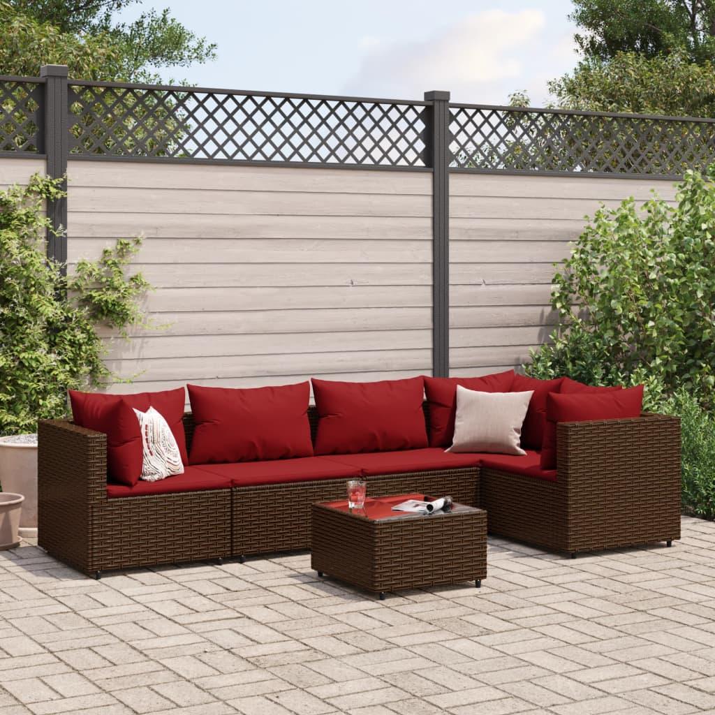 Loungesæt Til Haven 6 Dele Med Hynder Polyrattan - Brun og rød / 2x hjørnedel 2x midterdel bord
