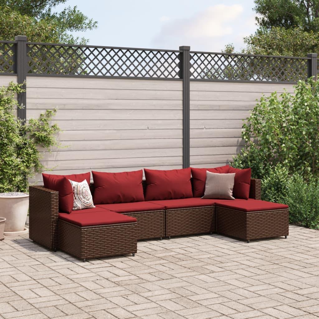 Loungesæt til haven 6 dele med hynder - polyrattan, brun/kanelrød