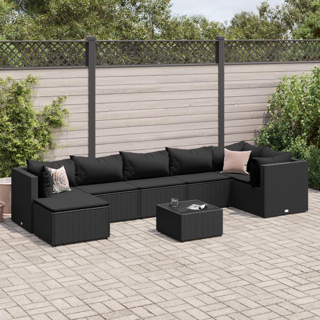 Loungesæt Til Haven 7 Dele Med Hynder Polyrattan - Sort / 3x hjørnedel 3x midterdel bord fodskammel