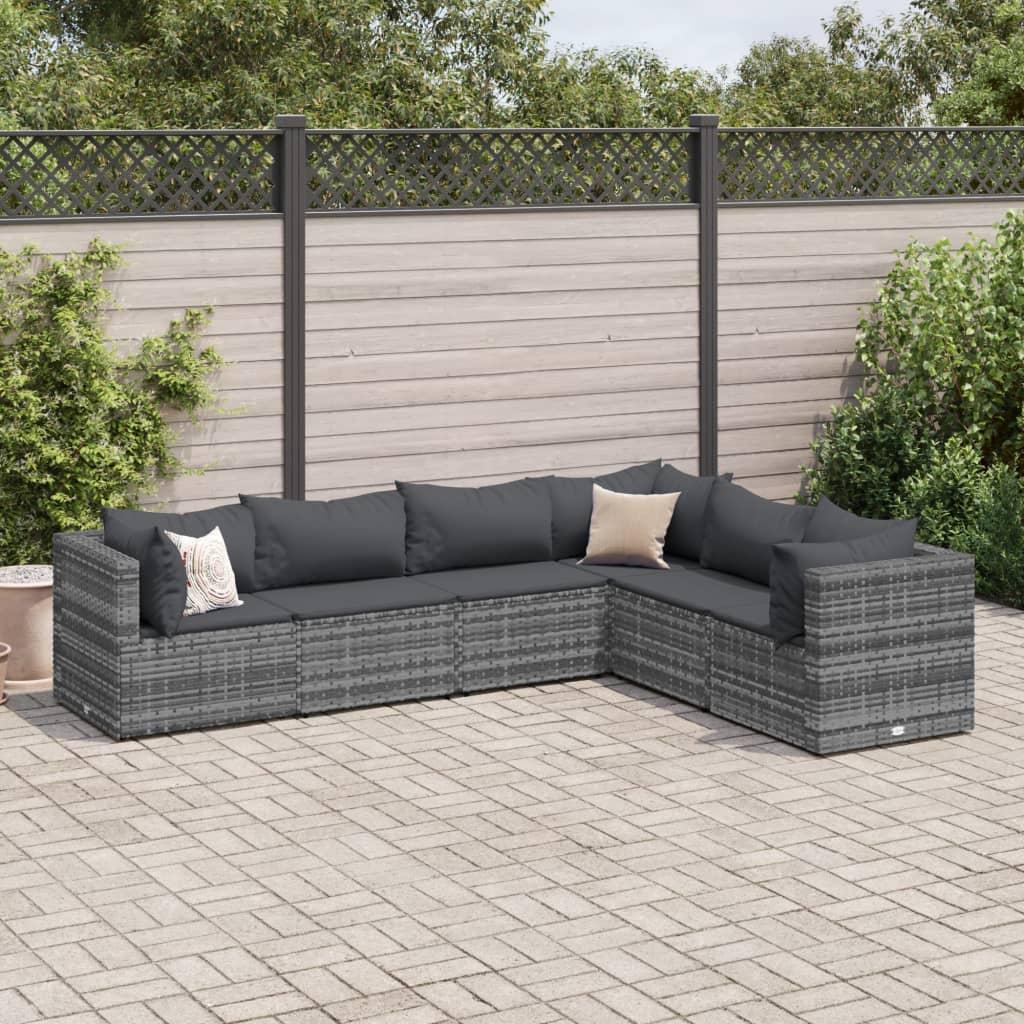 Loungesæt Til Haven 6 Dele Med Hynder Polyrattan Brun - Grå / 3x hjørnedel 3x midterdel