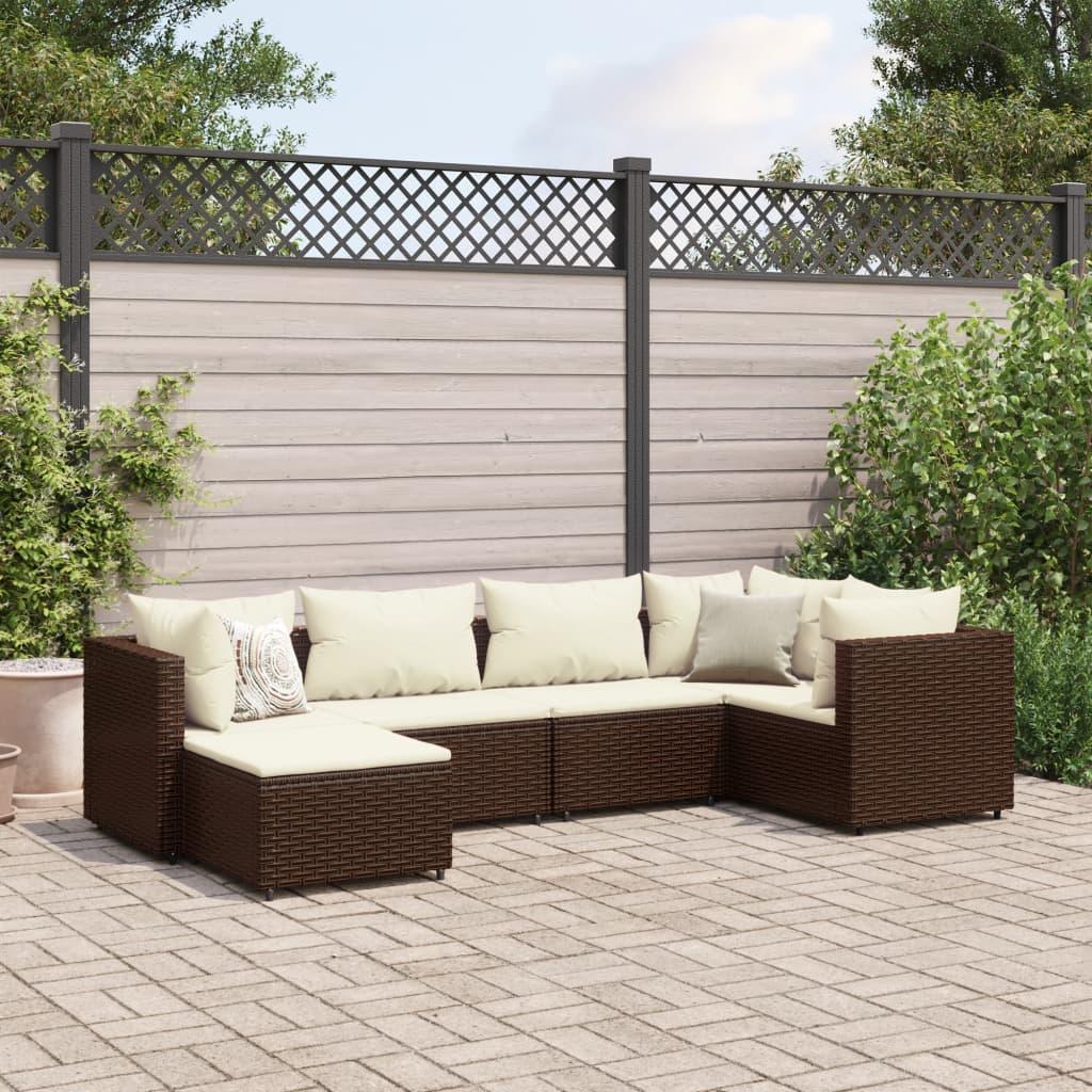 Loungesæt til haven i polyrattan - 6 dele med hynder, brun