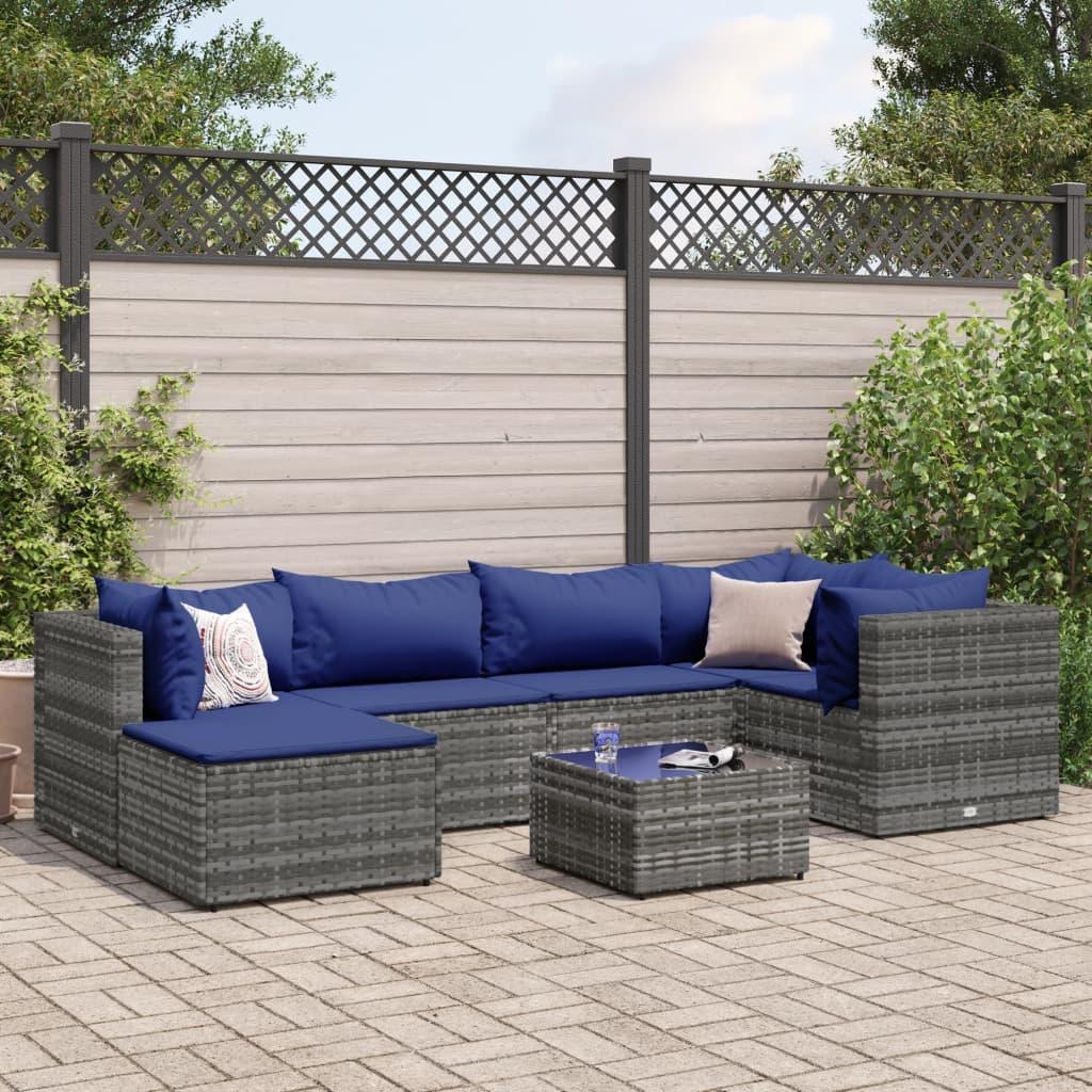 Loungesæt Til Haven 7 Dele Med Hynder Polyrattan - Grå og blå / 3x corner 2x middle table footrest