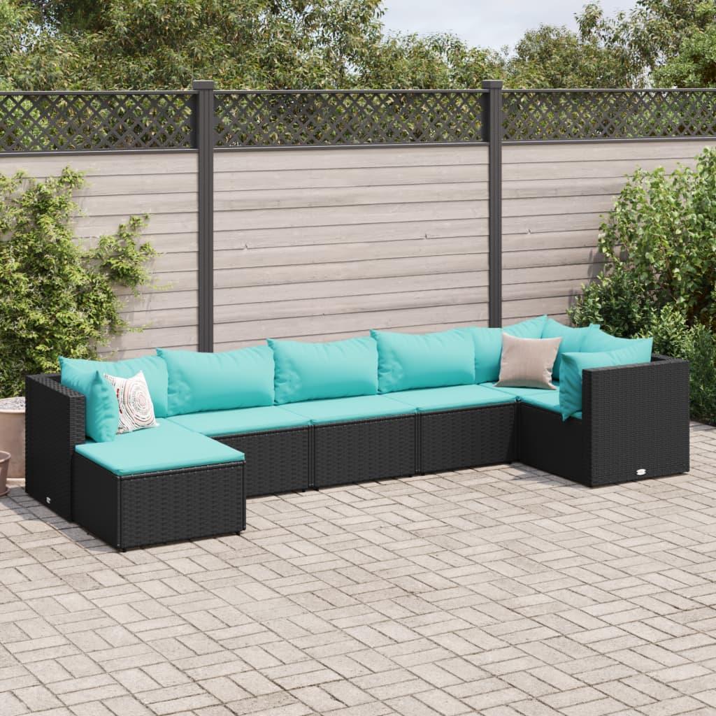 Loungesæt til haven - 7 dele i sort polyrattan med aquablå hynder