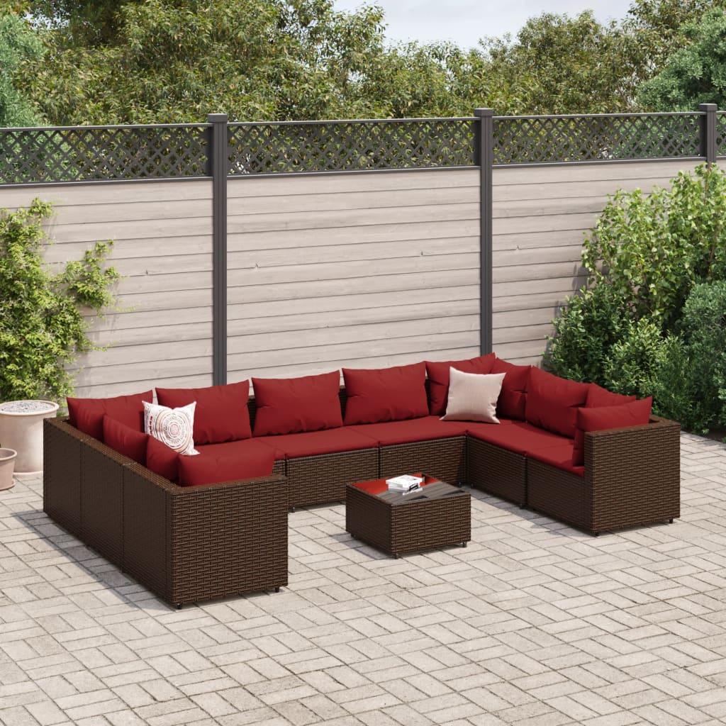 Loungesæt til haven 10 dele med hynder i polyrattan brun og kanelrød