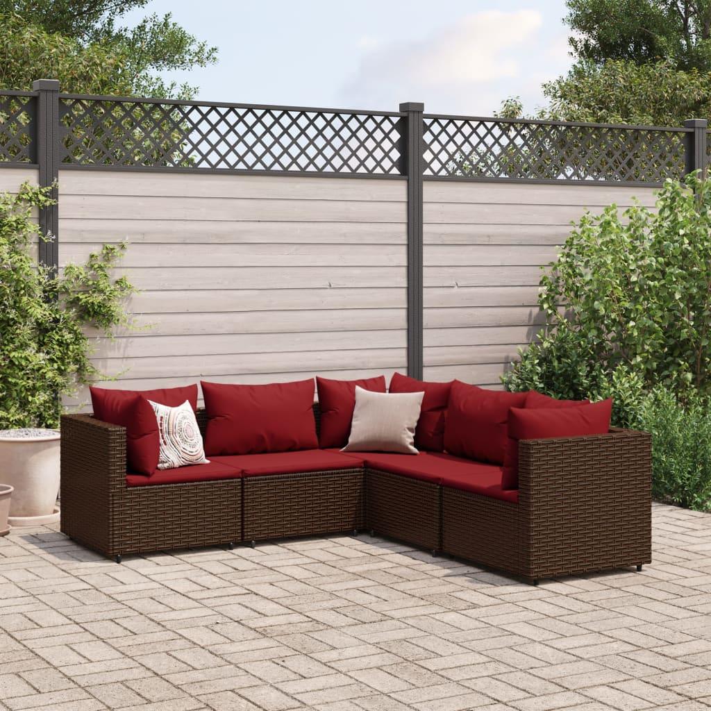 Loungesæt Til Haven 6 Dele Med Hynder Polyrattan Brun - Brun og rød / 3x hjørnedel 2x midterdel