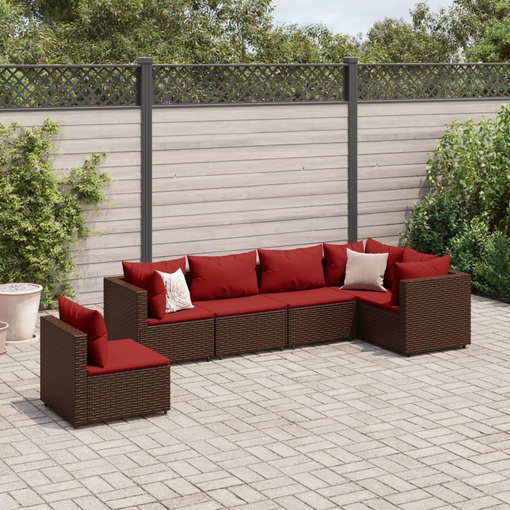 Loungesæt Til Haven 5 Dele Med Hynder Polyrattan Sort - Brun og rød / 3x hjørnedel 3x midterdel