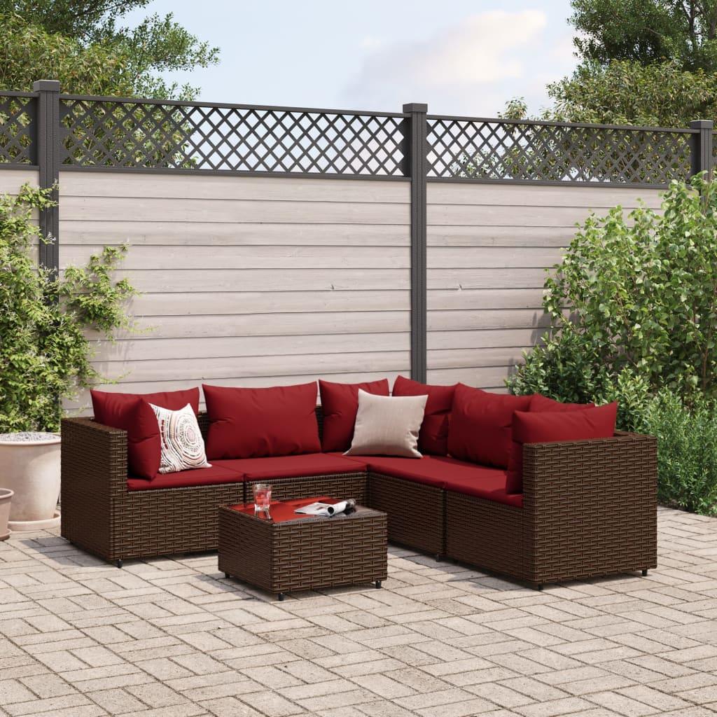 Loungesæt Til Haven 6 Dele Med Hynder Polyrattan Brun - Brun og rød / 3x hjørnedel 2x midterdel bord