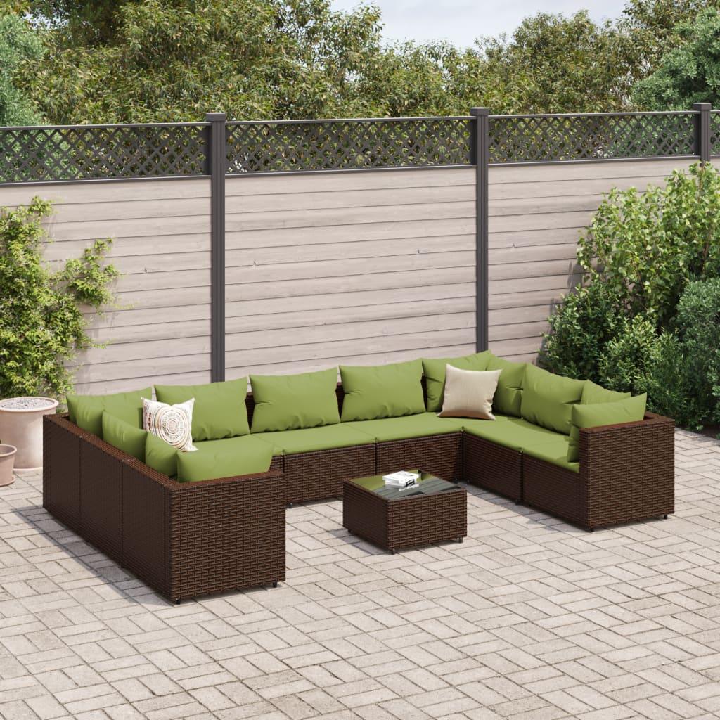 Loungesæt til haven 10 dele med hynder i polyrattan brun/grøn