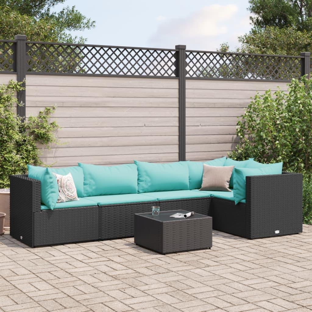 Loungesæt til haven i polyrattan - 6 dele med hynder, sort/aquablå