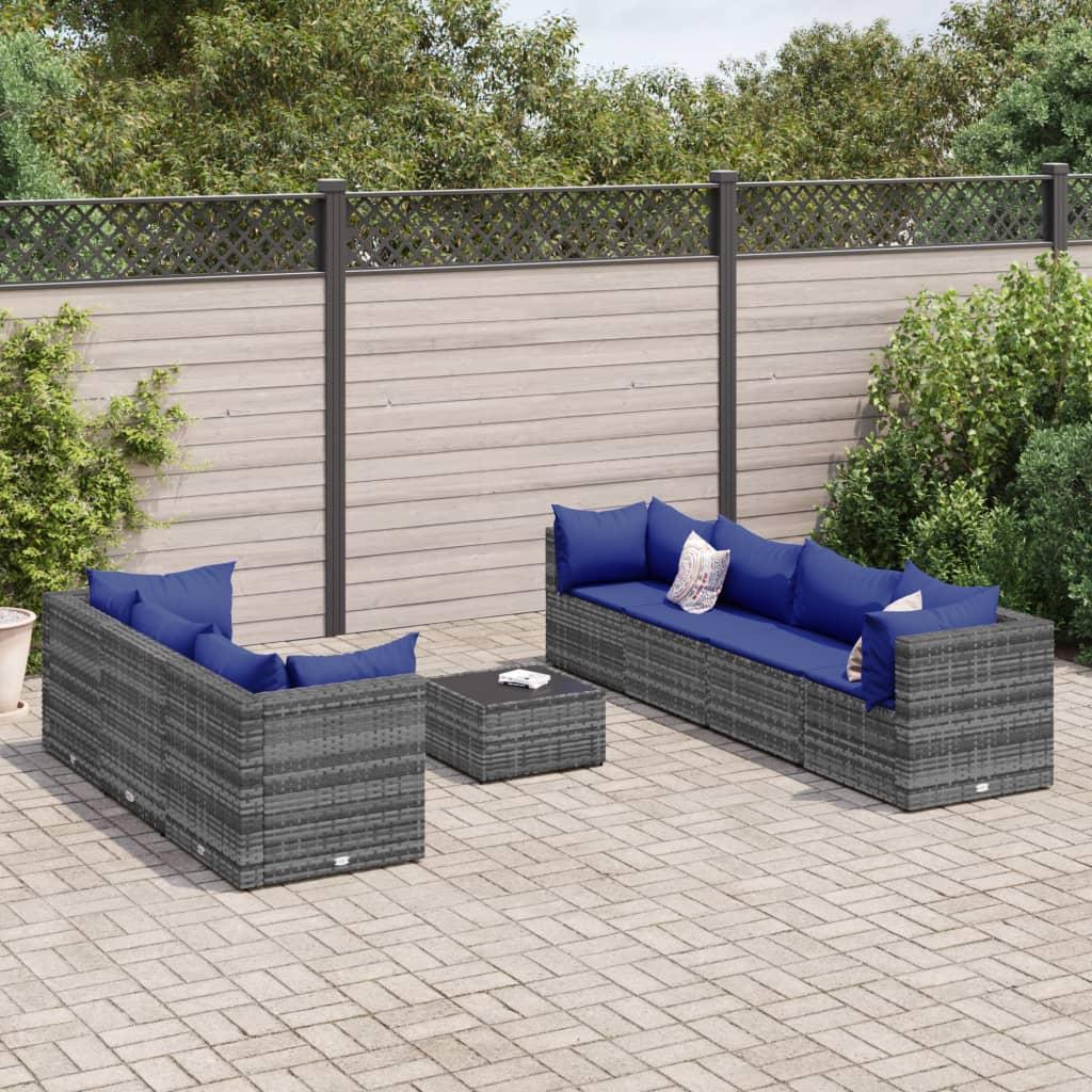Loungesæt til haven 8 dele med hynder polyrattan grå