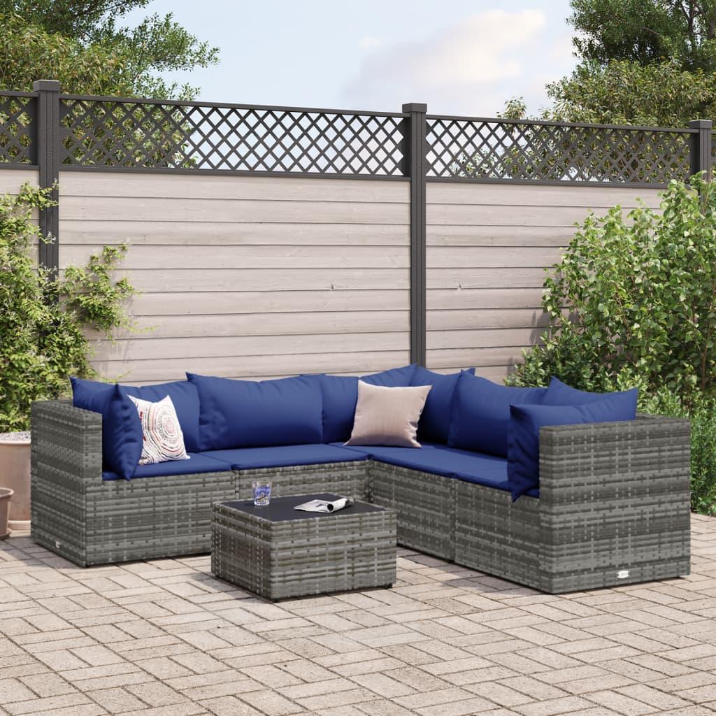 Loungesæt til haven 6 dele med hynder polyrattan grå
