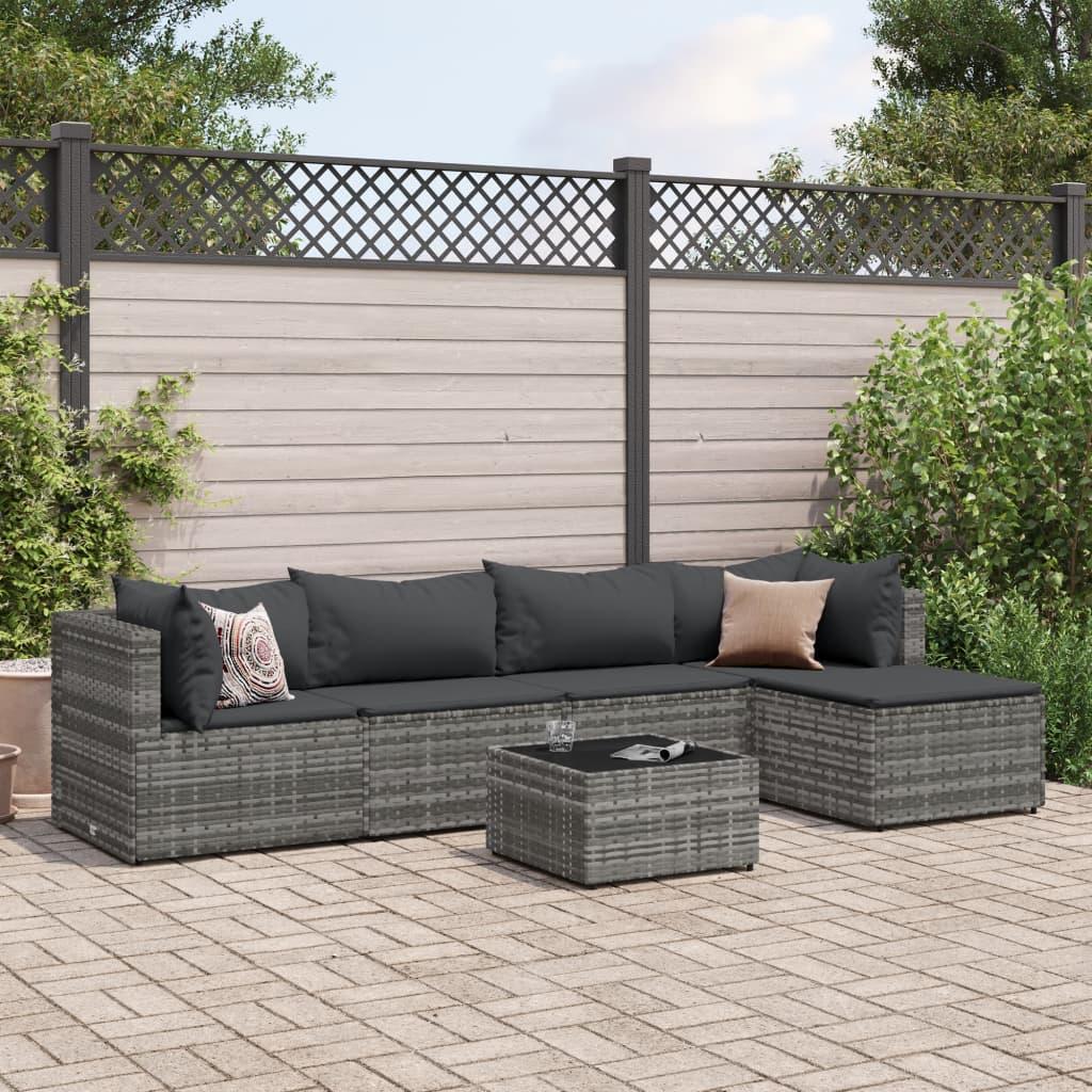 Loungesæt til haven 6 dele med hynder i polyrattan grå