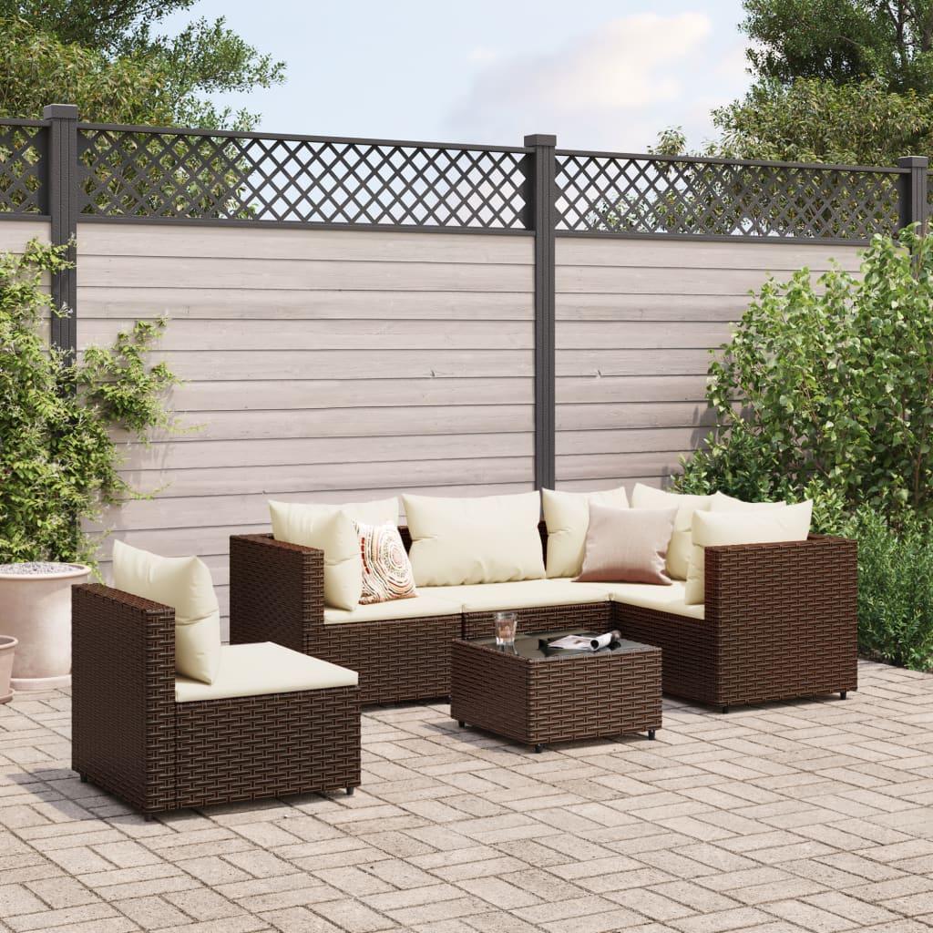 Loungesæt til haven 6 dele med hynder - polyrattan, brun