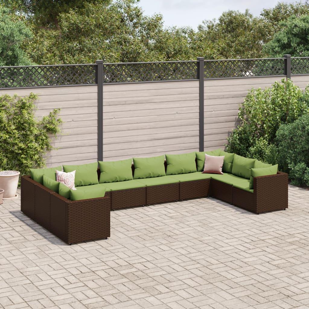 Loungesæt til haven 10 dele med hynder i polyrattan brun/grøn