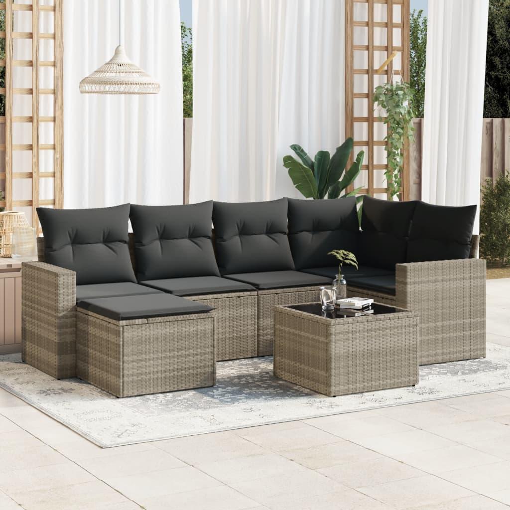 Sofasæt Til Haven 7 Dele Med Hynder Polyrattan - Lysegrå / Med bord