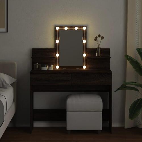 Makeupbord med LED-lys 100x40x130 cm brun egetræsfarve