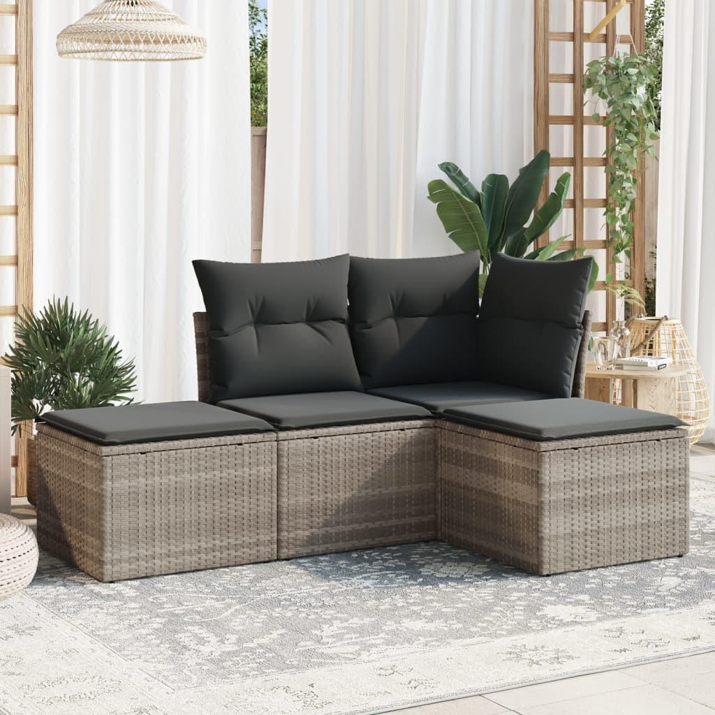 Sofasæt til haven i polyrattan, 4 dele med hynder - lysegrå