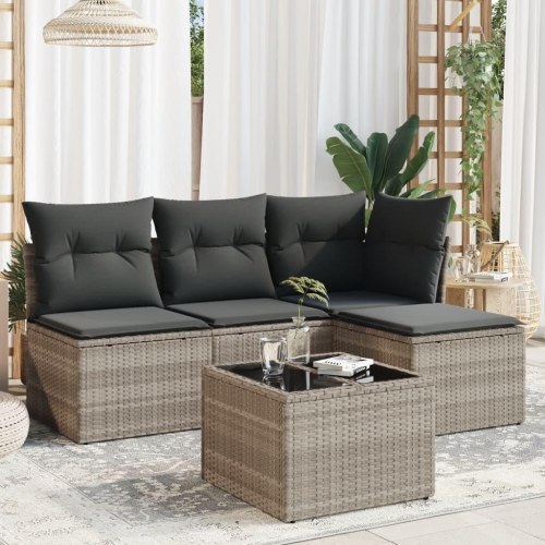 Sofasæt i polyrattan med hynder, 5 dele - lysegrå
