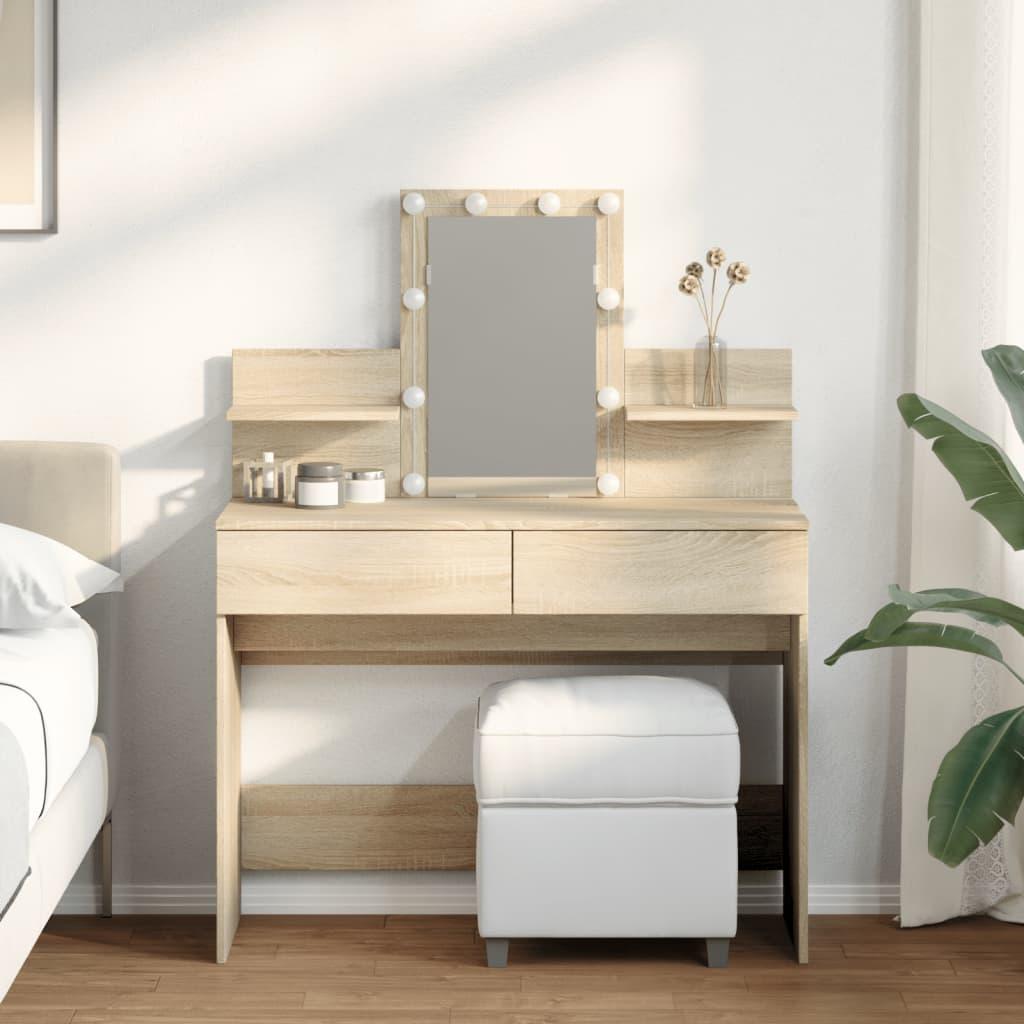 Makeupbord med LED-lys 100x40x130 cm brun sonoma-eg