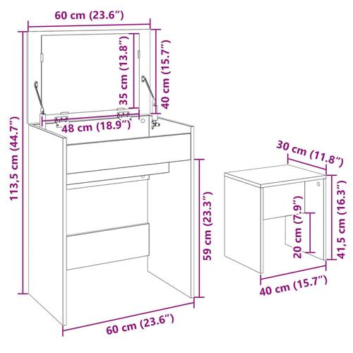 Kosmetikbord med skammel 60x40x113,5 cm brun egetræ