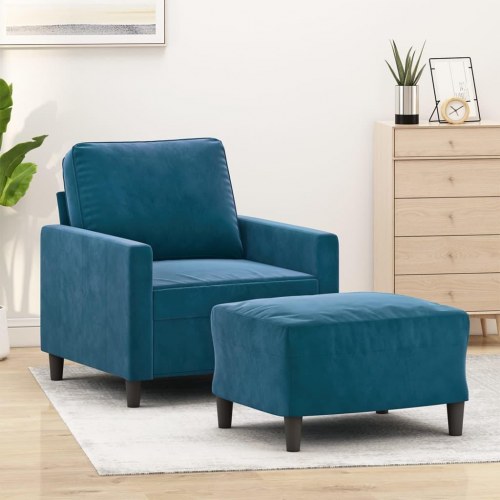 Sofastol med fodskammel i velour - 60 cm sædebredde, blå