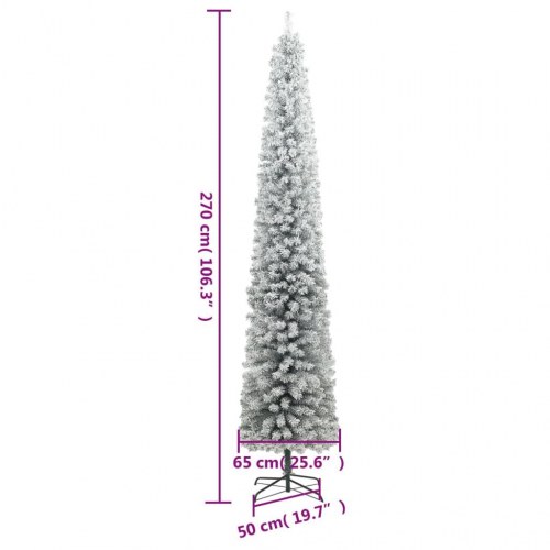 Smalt juletræ med fod og sne - 270 cm PVC