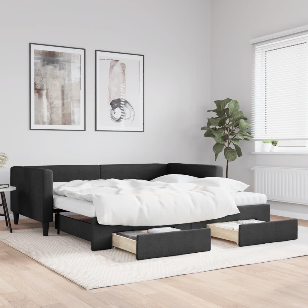 Daybed med udtræk og skuffer 100x200 cm stof sort billede