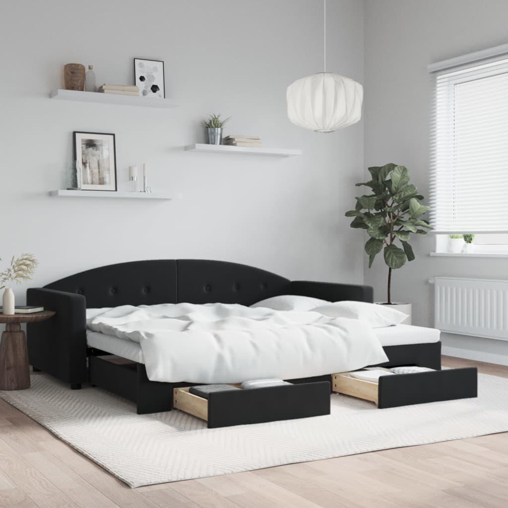Daybed Velour Sort - med udtræk og skuffe / 90 x 200 cm