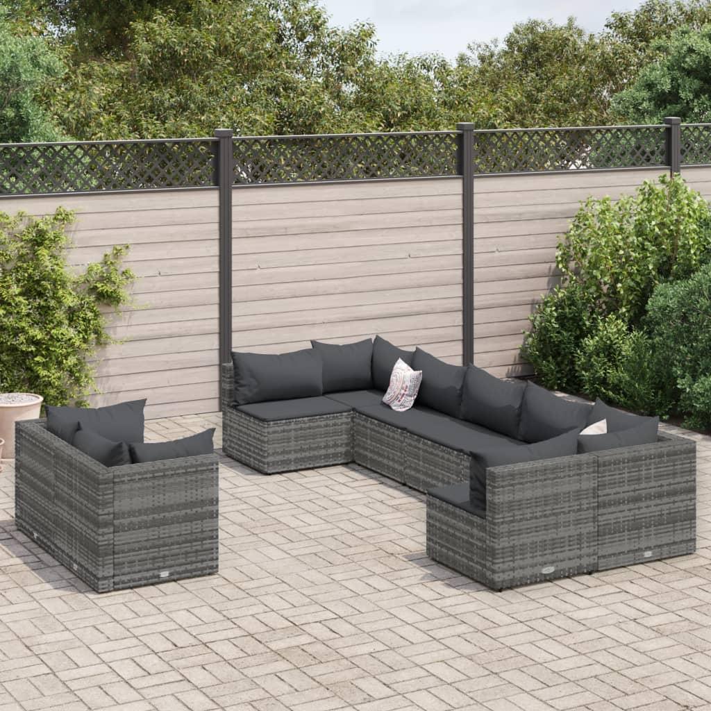 Sofasæt til haven - 9 dele med hynder i polyrattan, grå