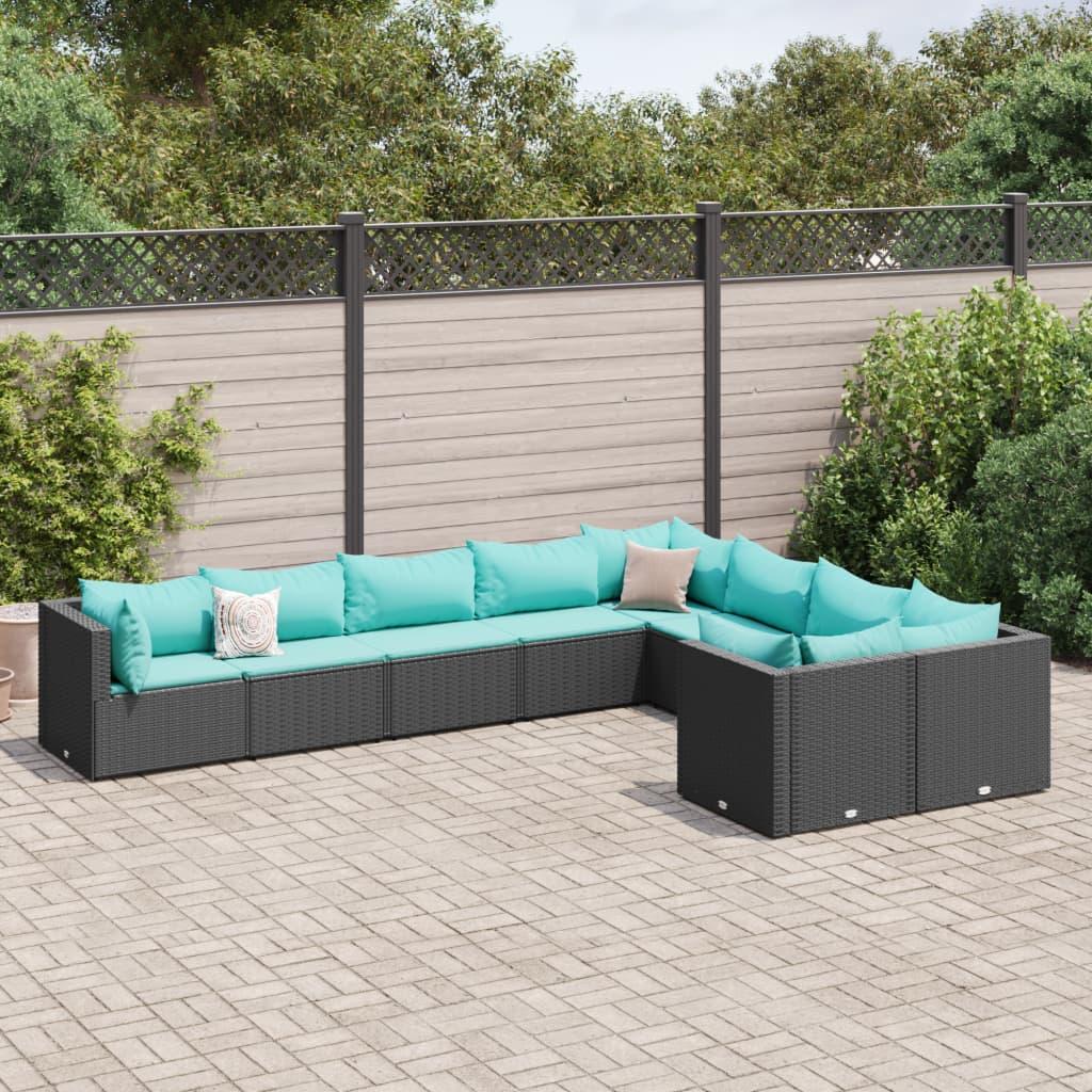 Sofasæt Til Haven 9 Dele Med Hynder Polyrattan - Sort og blå / 4x hjørnedel 5x midterdel