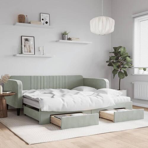Daybed med udtræk og skuffer 100x200 cm velour lysegrå