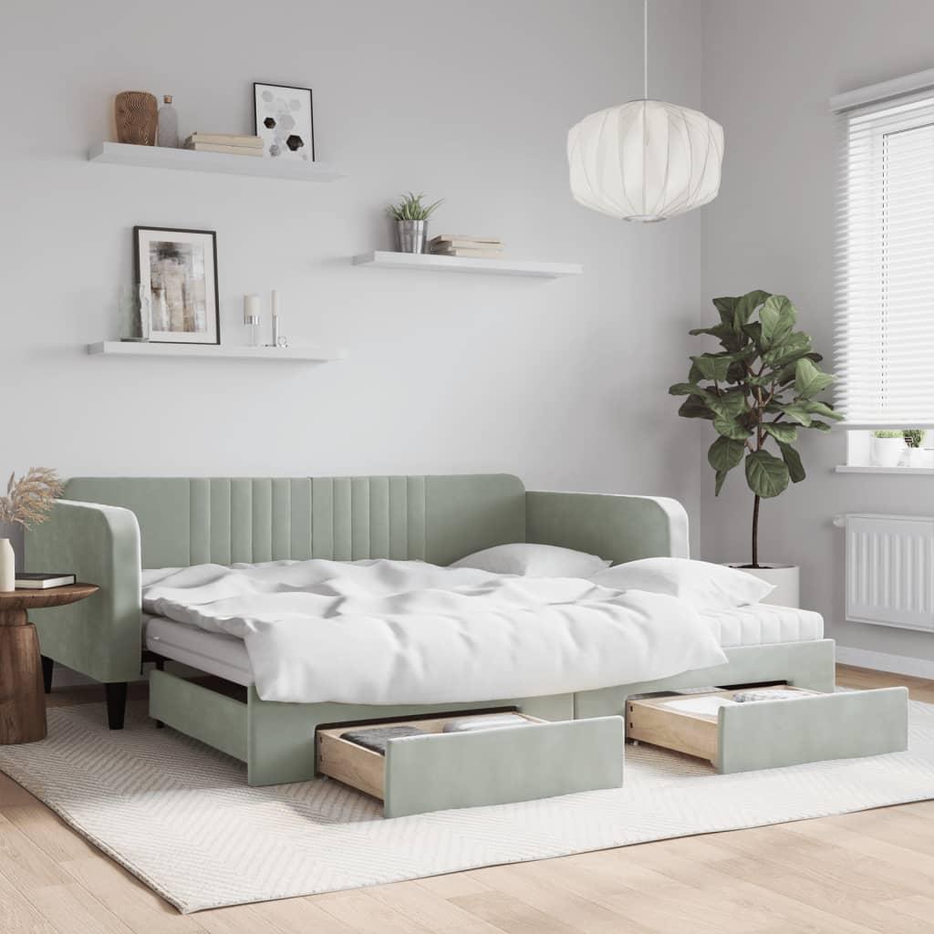 Daybed med udtræk og skuffer 100x200 cm velour lysegrå