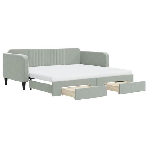 Daybed med udtræk og skuffer 100x200 cm velour lysegrå
