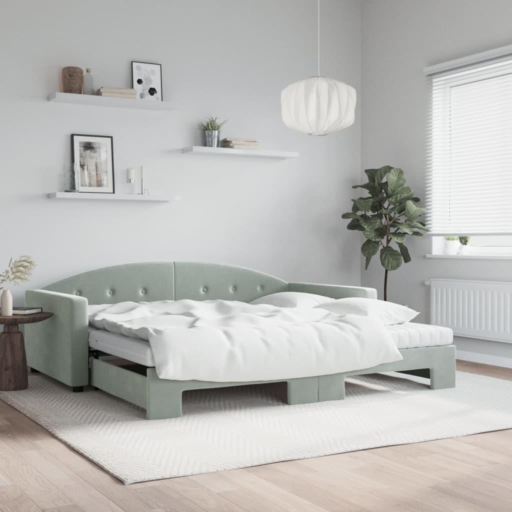 Daybed med udtræk og madras 100x200 cm velour lysegrå