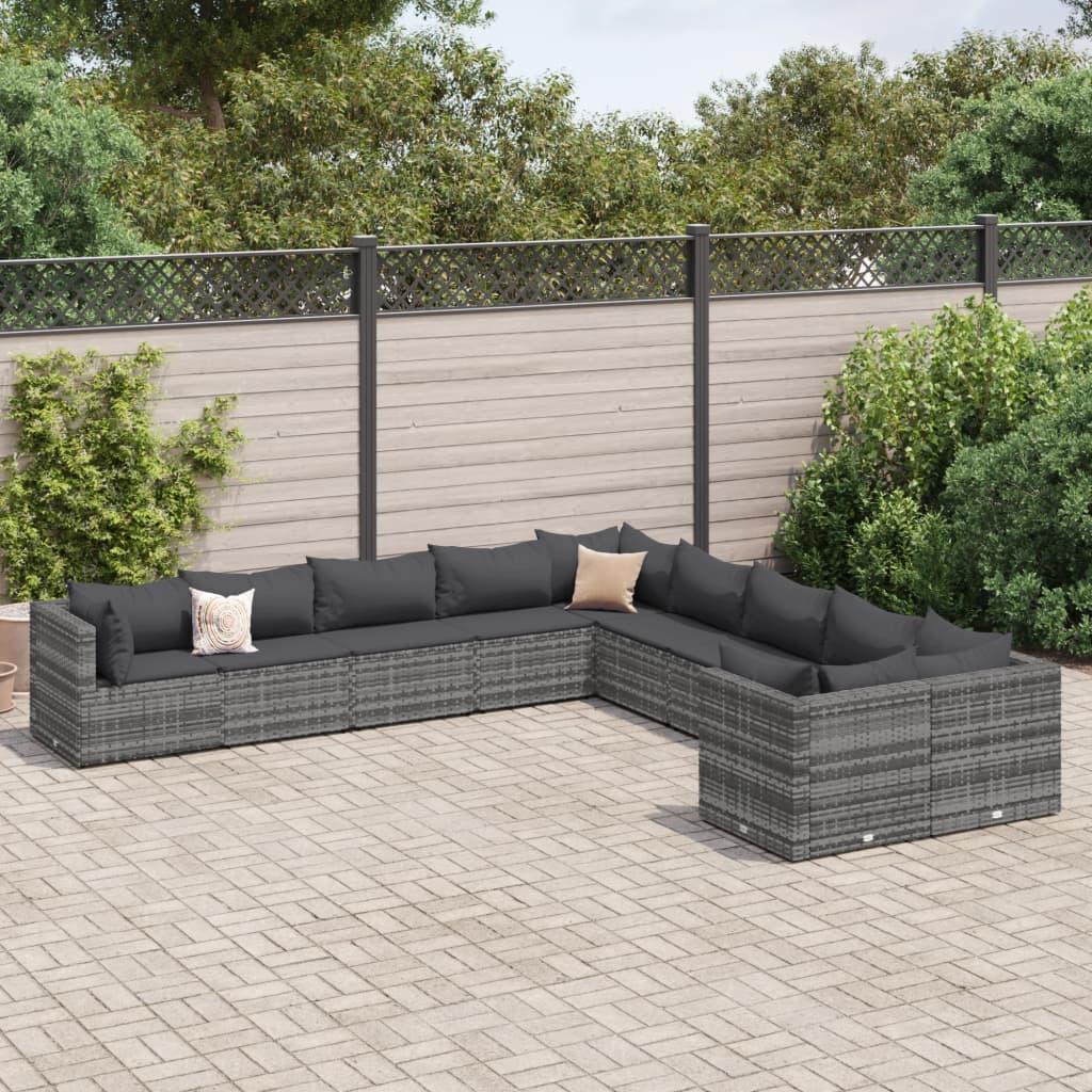 Sofasæt til haven - 10 dele med hynder i polyrattan, grå