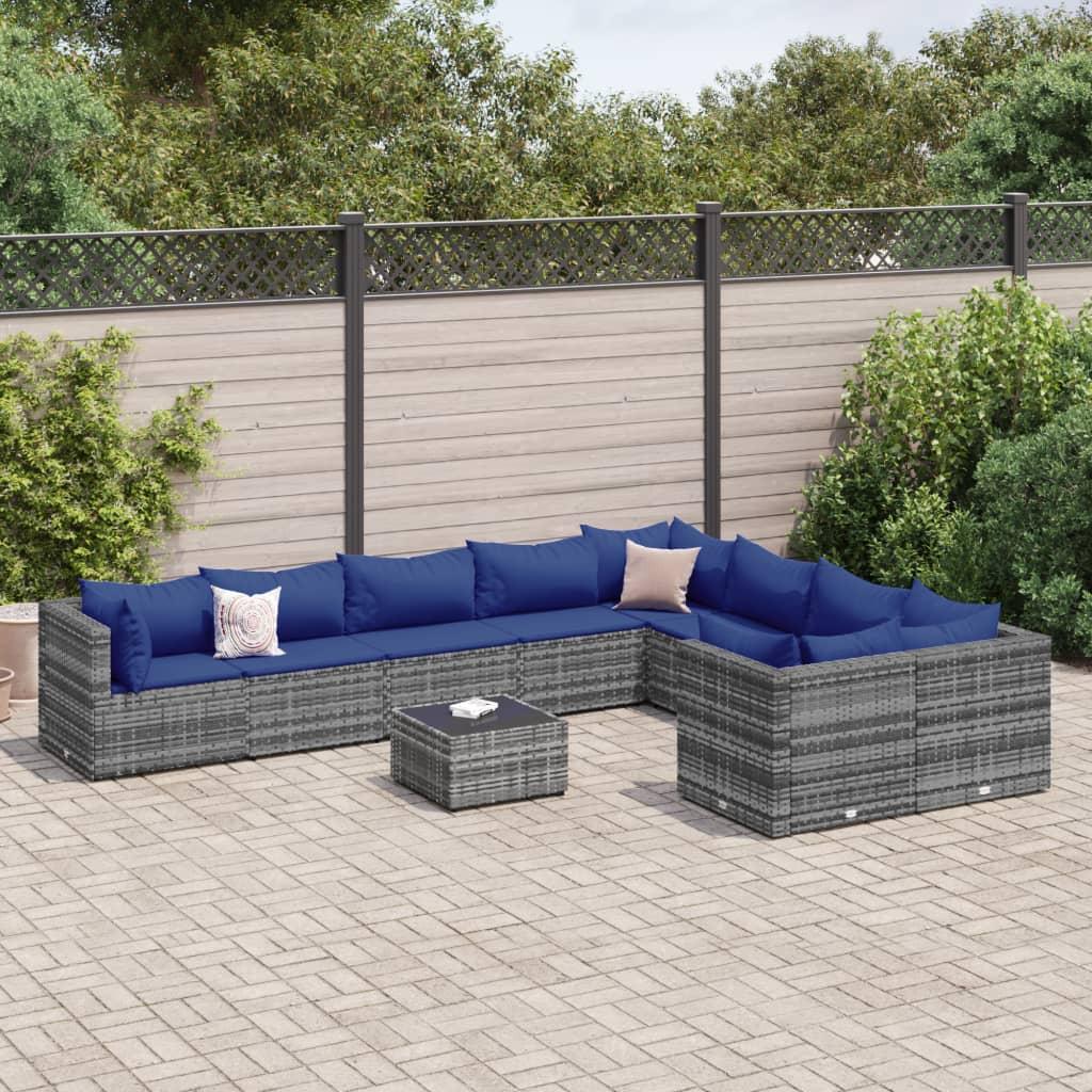 Havesofasæt i polyrattan - 10 dele med mørkeblå hynder, grå
