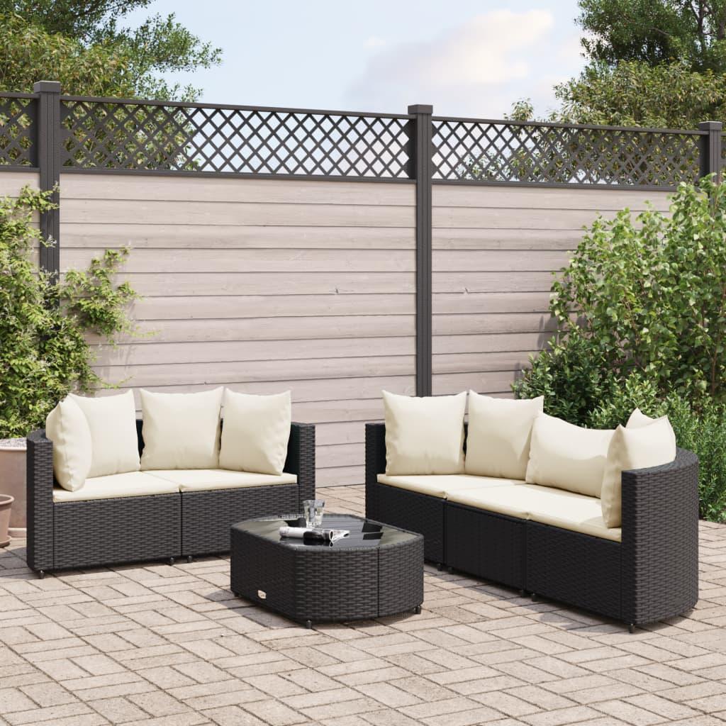 Havesofasæt i polyrattan - 6 dele med hynder, sort