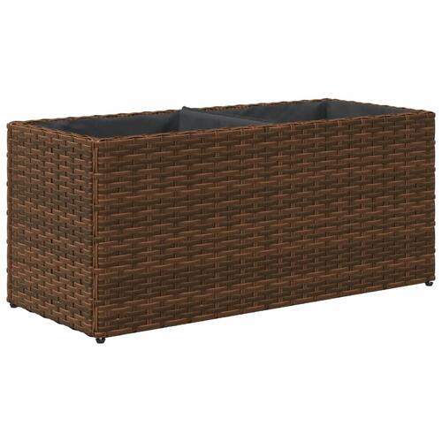 Plantekasse med hjul og 2 krukker 72x30x32 cm polyrattan brun