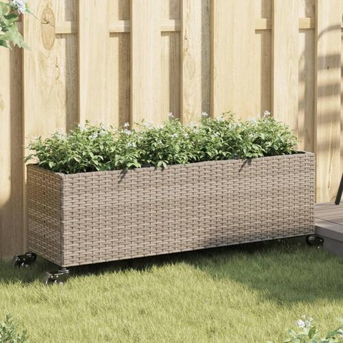 Plantekasse med hjul og 3 krukker 107x32x38 cm polyrattan grå