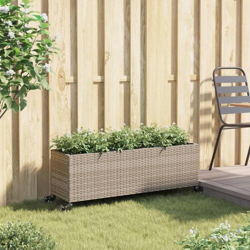 Plantekasse med hjul og 3 krukker 107x32x38 cm polyrattan grå